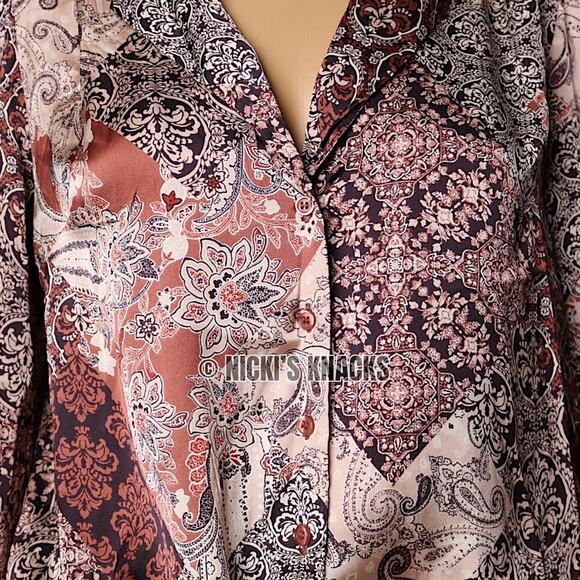 Eclair Satin Western Paisley Print Puff Sleeve Tie Front Blouse Plum Size S - Picture 3 of 10